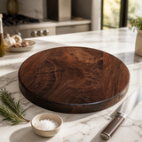 Eaglecreek Boards round wooden serving and cutting board with rich grain on a marble countertop with a knife and salt.