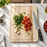 Eaglecreek Boards maple edge grain cutting board with chopped tomatoes, parsley, and garlic, featuring a chef knife.