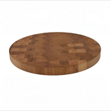 Eaglecreek Boards 18-inch round white oak end grain butcher block cutting board with a mosaic wood pattern.